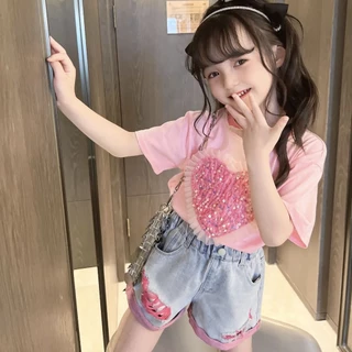 Set Áo Thun Tay Ngắn Và Quần short denim Mềm Mại Thời Trang Mùa Hè 2023 Cho Bé Gái