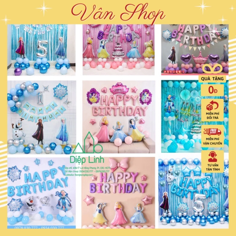 (SET Y HÌNH) Set trang trí sinh nhật thôi nôi đầy tháng chủ đề bé gái, set công chúa elsa, công chúa bạch tuyết