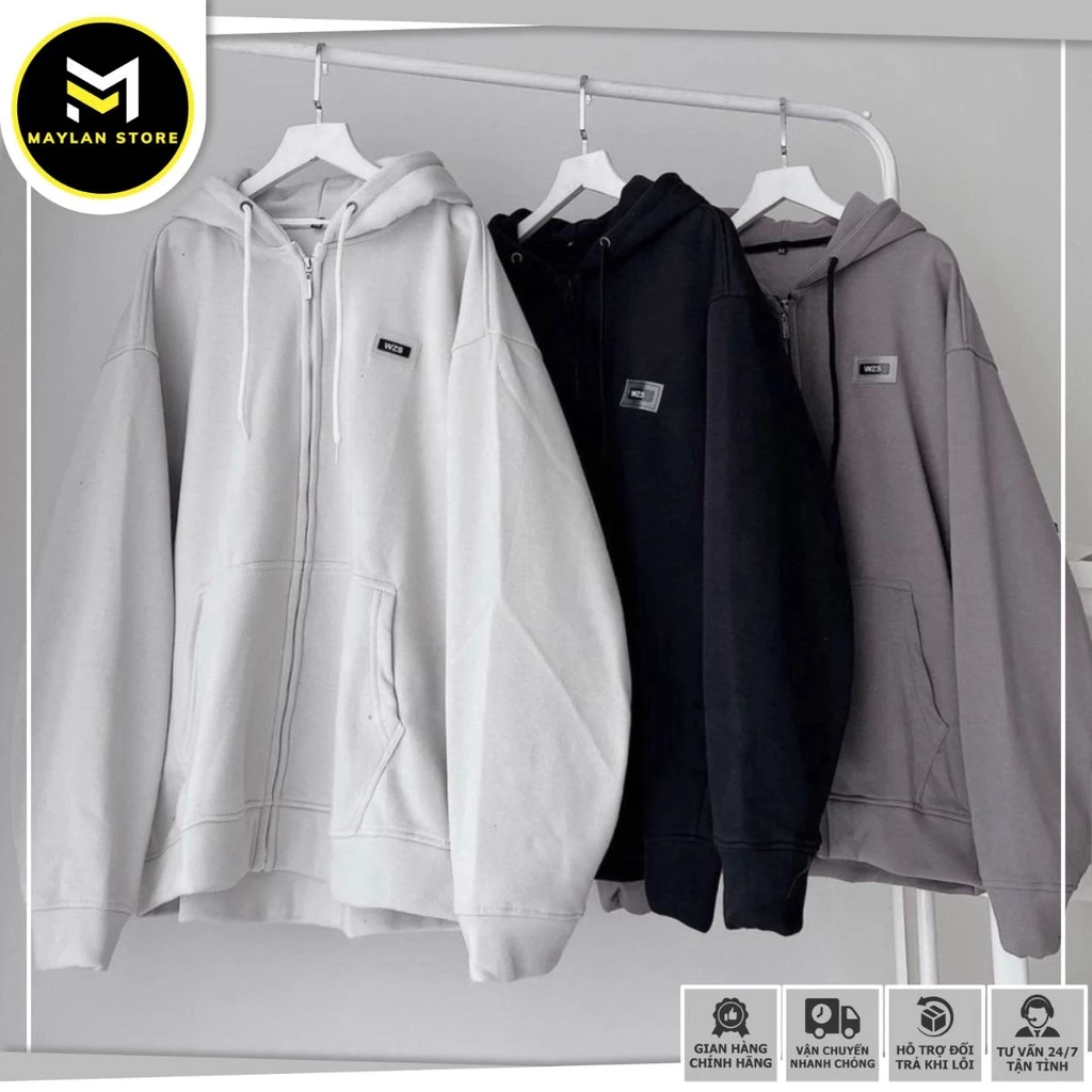 Áo khoác ngoài hoodie XÁM CHÌ WZS TEM SU dây kéo vải nỉ lót bông form rộng unisex nam nữ mùa hè