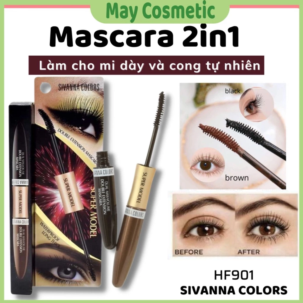 Mascara Sivanna Colors Super Model 2in1 Double Extension Mascara Hf901 Chuốt Mi Hai Đầu Tiện Lợi - Maycosmetic