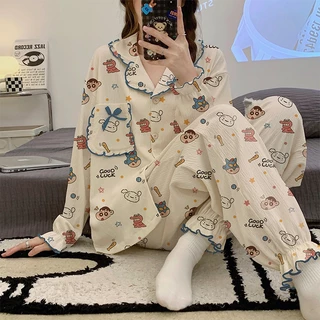 Bộ Đồ Ngủ Pijama Tiểu Thư Tay Dài Quần Dài Phối Bèo họa tiết Shin Chất  Đũi xốp Cao Cấp Có Size,Đồ Bộ Nữ Mặc Nhà Giá Rẻ