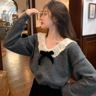 Áo sweater Dệt Kim Cổ Búp Bê Thắt Nơ Nhỏ Màu Xám Phong Cách Mới Mùa Thu Đông Dành Cho Bạn Nữ