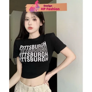 Áo kiểu nữ ôm body dáng ngắn cổ tròn babytee hoạ tiết in màu đen trắng co giãn PITTSBURGH G443