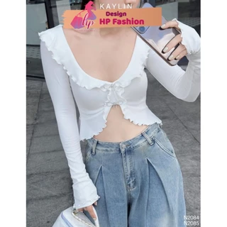 Áo kiểu croptop viền bèo tay dài, áo nữ xẻ bụng phối nơ tag đá sang chảnh G376