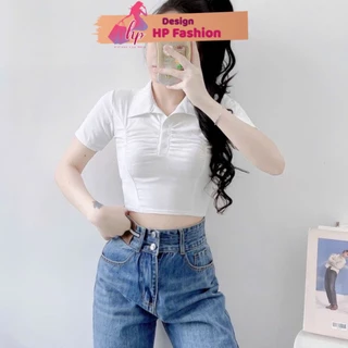 Áo có cổ bẻ croptop  tay ngắn ôm body, áo nữ kiểu thun co giãn màu đen trắng hàn quốc đẹp G526