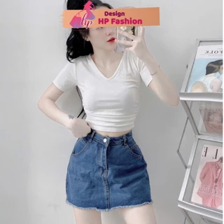 Áo cổ chữ v croptop tay ngắn ôm body nhúm eo 2 bên, áo nữ kiểu thun co giãn màu đen trắng hàn quốc đẹp G527