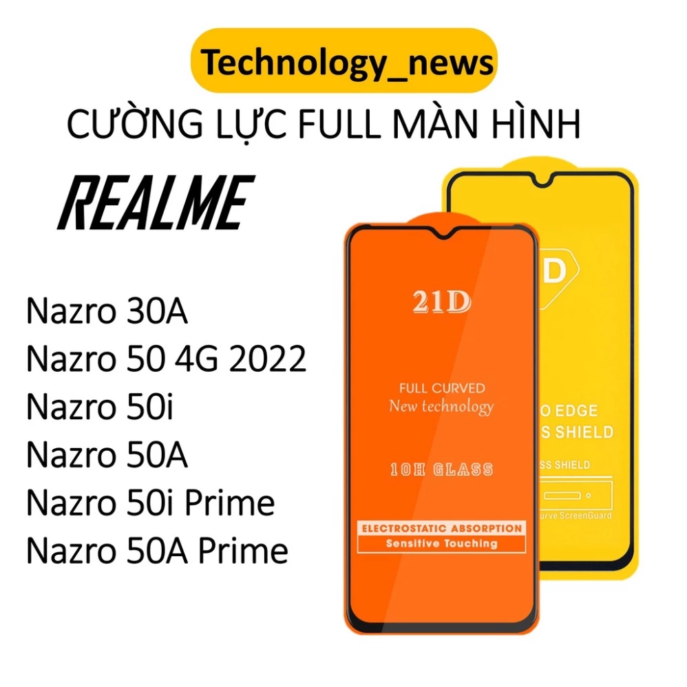 Cường lực full màn Realme Narzo 30A/ 50/ 50A/ 50i Prime 4G 5G 2022 tặng giấy lau màn hình
