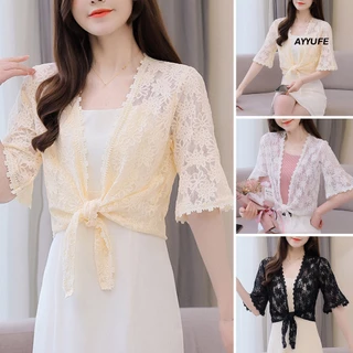 Ayyufe Áo Khoác cardigan Ngắn Tay Lửng Thêu Hoa Phối Ren Thời Trang Dành Cho Nữ