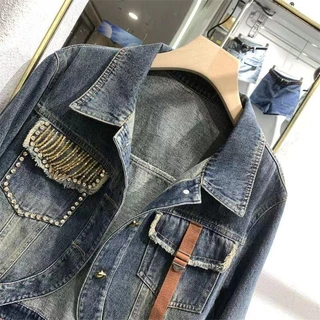 Áo Khoác denim Ngắn Đính Hạt Phong Cách Hàn Quốc Mới Cho Nữ