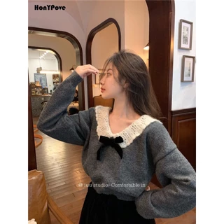 Honypove Áo sweater Dệt Kim Cổ Chữ v Dáng Rộng Phong Cách hong kong Thời Trang Cho Nữ