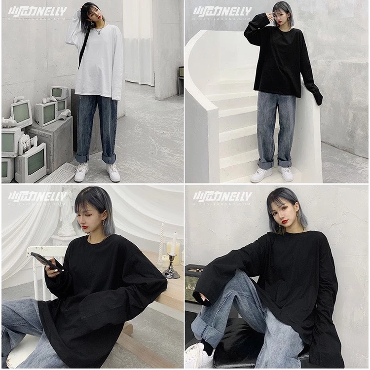 Áo Thun Dài Tay Nam Nữ Unisex, áo phông tay dài form rộng trơn đen trắng MISHO