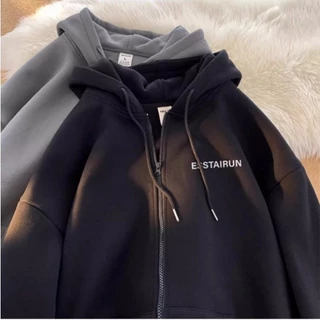 Áo Hoodie nữ zip unisex, khoác bomber nỉ bông Ulzzang ESSTAIRUN, mũ áo trùm đầu 2 lớp, thân 1 lớp phong thái Hàn Quốc