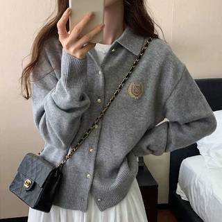 Áo Khoác cardigan Dệt Kim Cổ Bẻ Dáng Rộng Thêu Họa Tiết Màu Xám Thời Trang Thu Đông Cao Cấp Cho Nữ#1123