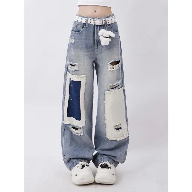 Quần Jeans ống rộng hoạ tiết rách phối màu xanh trắng phong cách Hàn Quốc NewArrival