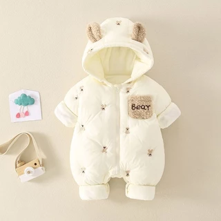 Bộ Áo Liền Quần Vải cotton Phối Nhung Dày Thời Trang Mùa Đông Dễ Thương Cho Bé Sơ Sinh