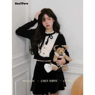 Honypove Áo sweater Dệt Kim Mềm Đính Nơ Xinh Xắn Thời Trang Mùa Thu