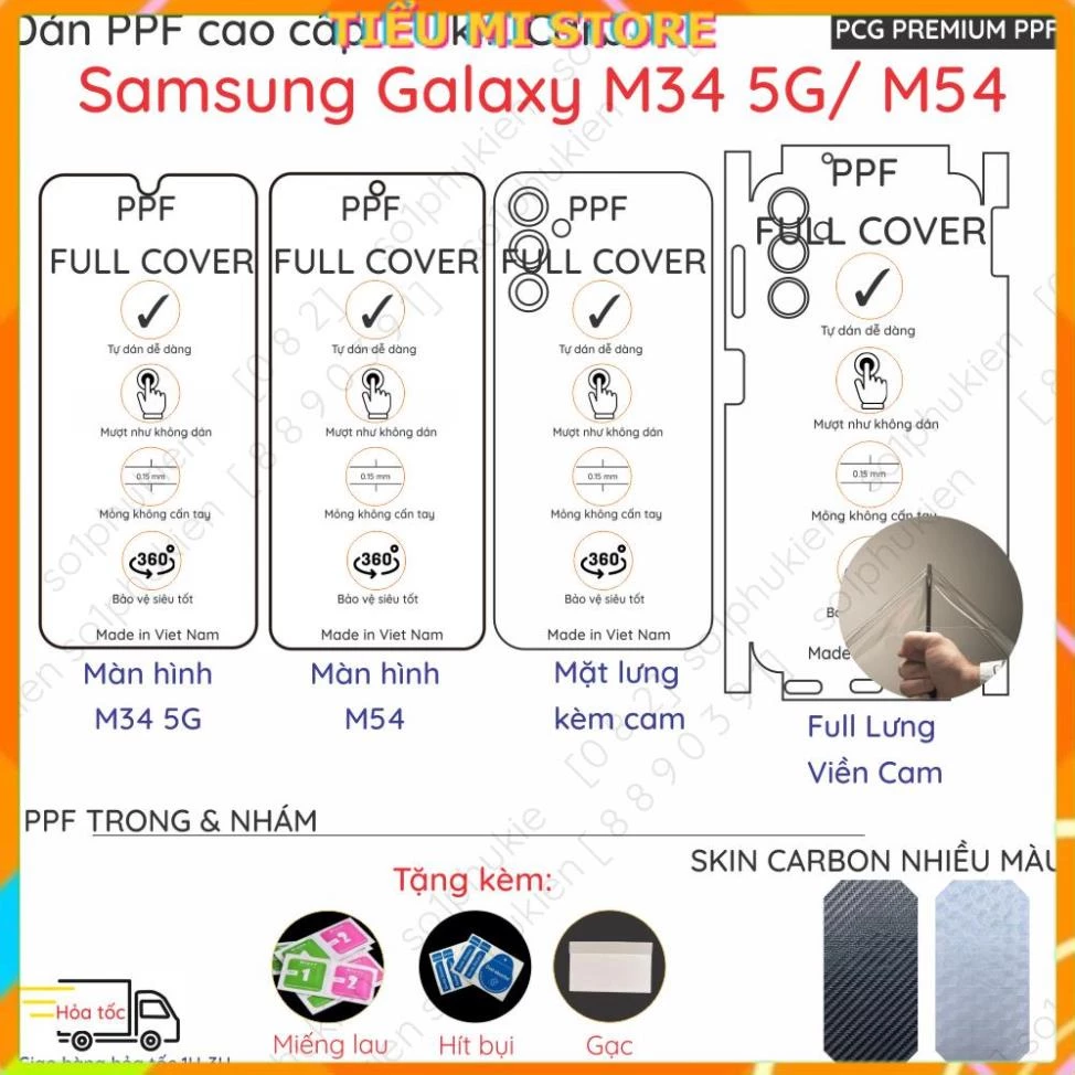 Dán PPF & Vân Carbon Samsung Galaxy M34 5G/ M54 5G / M14 5G/ M15 5G cho màn hình, mặt lưng, full viền