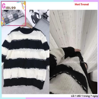 kdjj Áo len rách dài tay kẻ đen trắng form rộng, áo sweater dệt kim cá tính phong cách Hàn quốc