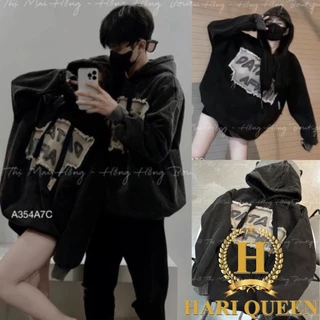 Áo Hoodie Phối Chữ Bò Rách Jean DATA May Đáp Nổi Nỉ Cotton Form Rộng Thụng HARIQUEEN - Áo Nỉ Mũ Unisex Nam Nữ Freesize