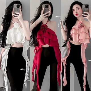 [Dani Clothing]  RẺ VÔ ĐỊCH Áo Yếm Tầng Đính Hoa Tua Rua Croptop Chất Lụa