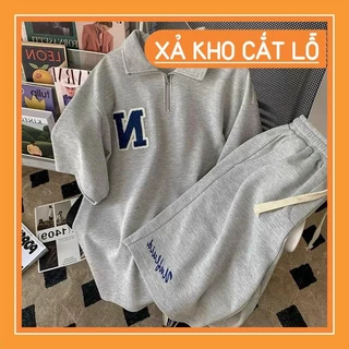 Set đồ nam nữ form rộng unisex, áo polo khóa kéo kèm quần short đùi thêu logo chất liệu cotton tổ ong nhiều màu