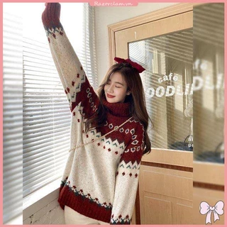 Mới Áo sweater Dệt Kim Dày Dặn Dáng Rộng Cổ Cao Phong Cách Giáng Sinh