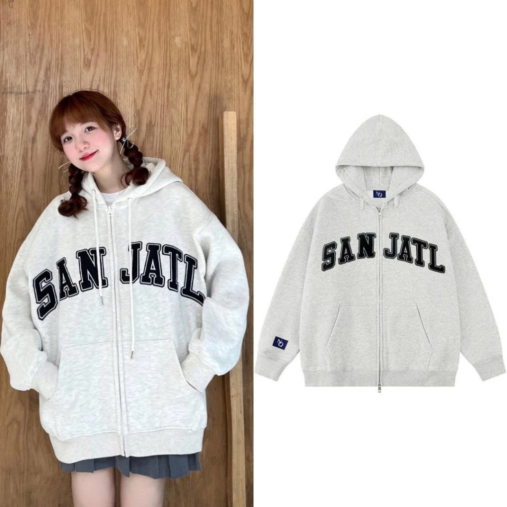 Hoodie Zip , Áo Khoác Nỉ Form Rộng Unisex In Chữ SANJATI Chất Nỉ Cotton Tàu Dày Dặn