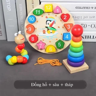 Combo đồ chơi gỗ giáo dục thông minh montessorri đàn gỗ, sâu gỗ, khối vuông, đồng hồ gỗ, tháp gỗ, luồn hạt...