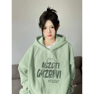 Jiashucheng Áo Hoodie Dáng Rộng Màu Xanh Lá Nhạt Phong Cách retro Mỹ Thời Trang Xuân Thu Cho Nữ