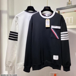 Áo nỉ sweater Thom Browne nam nữ thêu 4 sọc tay túi ngực vạch chéo, Áo nỉ vạch tay Thom mới