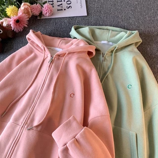 Áo Hoodie nữ zip unisex, khoác bomber nỉ bông Ulzzang, mũ áo trùm đầu 2 lớp, thân 1 lớp phong thái Hàn Quốc, thiêu chữ C