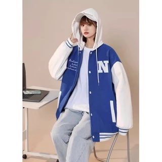 Áo Bomber Unisex - Áo khoác nỉ Hoodie mũ trùm đầu 2 lớp thân áo 1 lớp cúc bấm nam nữ thêu chữ N