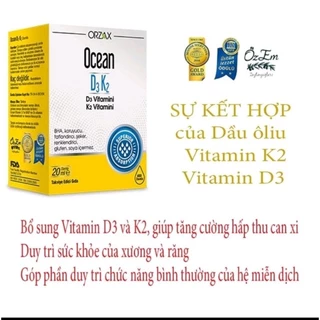 Ocean D3K2 Vitamin d3 k2  cho trẻ sơ sinh tăng hấp thu canxi bé ăn ngủ ngon nhanh mọc răng chống còi xương Lọ 20ml