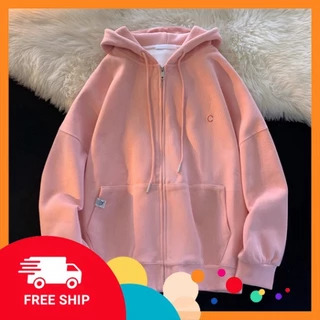 Áo Hoodie nữ zip unisex, khoác bomber nỉ bông Ulzzang, mũ áo trùm đầu 2 lớp, thân 1 lớp thêu chữ C