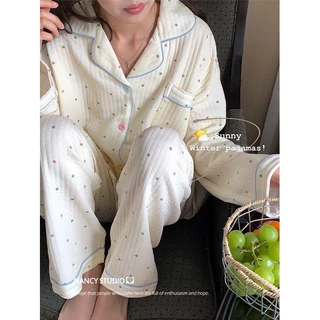 Bộ Đồ Ngủ Chất Liệu cotton Dày Dặn Họa Tiết Chấm Bi Nhiều Màu Thời Trang Thu Đông Xinh Xắn Cho Nữ