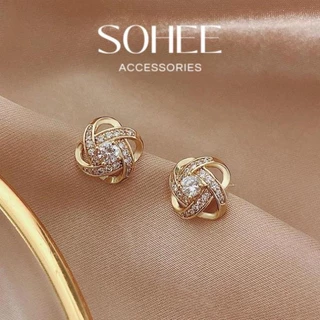 Khuyên tai nữ chuôi bạc 925 viền tròn xoắn đính đá Sohee Accessories phụ kiện trang sức nữ - BT75