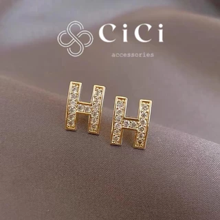 Khuyên tai nữ chuôi bạc 925 chữ H mạ vàng CiCi Accessories bông tai đính đá phụ kiện trang sức sang chảnh BT174