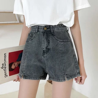 Jiashucheng Quần Short Denim Đen Xám Dáng Rộng Eo Cao Phong Cách Hàn Quốc Cho Nữ Sinh