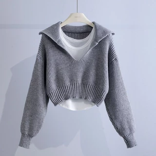 Bộ Áo Sweater Cổ V Xẻ Sâu Phối Quần Yếm Kiểu Retro Thời Trang Thu Đông 2023 Cho Nữ