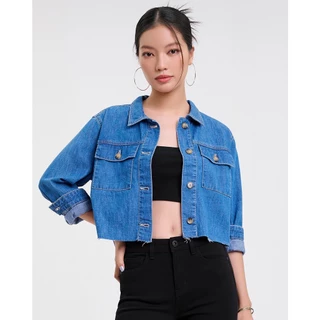 Áo Sơ Mi Denim Nữ Dáng Croptop. Raw Frayed Hem Croptop Denim Shirt - 121WD2034F4950