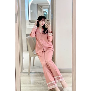 Bộ ngủ Pijama nữ viền chữ lụa gấm xước ánh kim tay dài quần dài sang chảnh