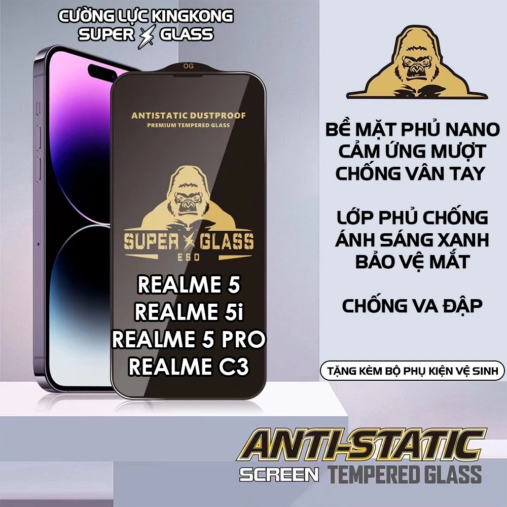 Cường lực KINGKONG Realme 5 / 5i / 5 Pro / C3 siêu tĩnh điện, siêu dày, bảo vệ điện thoại