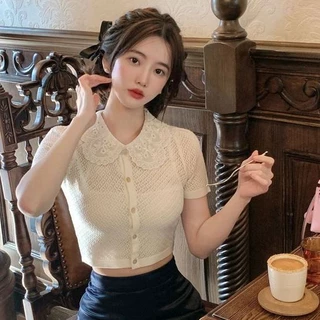 Áo Sweater Ngắn Tay Cổ Búp Bê Màu Trắng Phong Cách Pháp Thời Trang Mùa Hè Cho Nữ