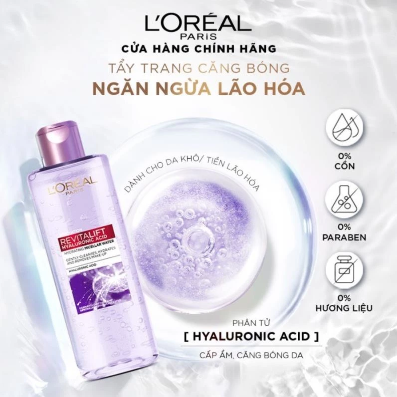 Nước tẩy trang l'oreal paris tím 400ml , dành cho da dầu mụn , da khô, da nhạy cảm [ Chính Hãng 100% ]