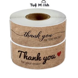 Cuộn 120 tem dán "Thank you" màu kraft hình chữ nhật TE29, decal cảm ơn, dùng để trang trí bao bì quà tặng