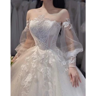 [Bridal mall]  Váy cưới tùng bồng mặc tùng 8,10 phối hoa nổi kiểu dáng luxury cao cấp HM11