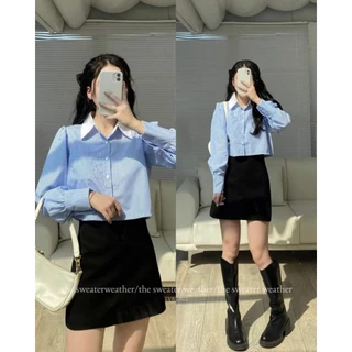 (Sẵn) [A86112] ÁO SƠ MI KẺ XANH CROPTOP PHỐI CỔ TRẮNG metwo.dearu - Áo sơ mi dài tay dáng lửng croptop dày dặn ulzzang