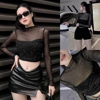 Áo Lưới Đính Đá Dài Tay Croptop Hàng 2 Lớp (kèm ảnh thật và video) C82