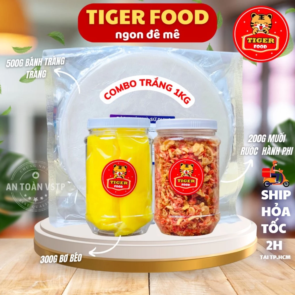 COMBO Bánh tráng phơi sương 1kg TIGER FOOD Bánh tráng + Bơ béo + Muối tôm hành phi - COMBO 1KG ăn đã cái Nư