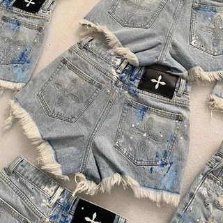 Quần Short Denim Cạp Cao Thêu Hoa Phong Cách Mới 2023